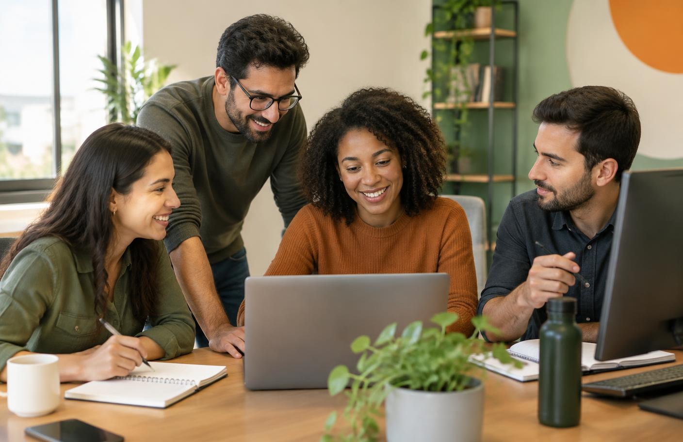 Equipe de tecnologia colaborando em torno de um computador
